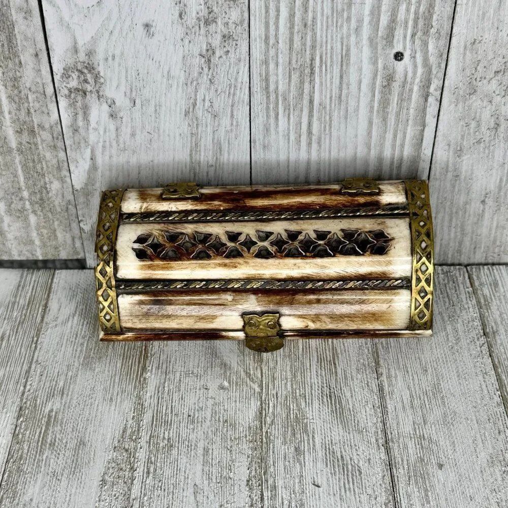Vintage Hand Carved Moroccan Camel Bone and Brass Trinket Box